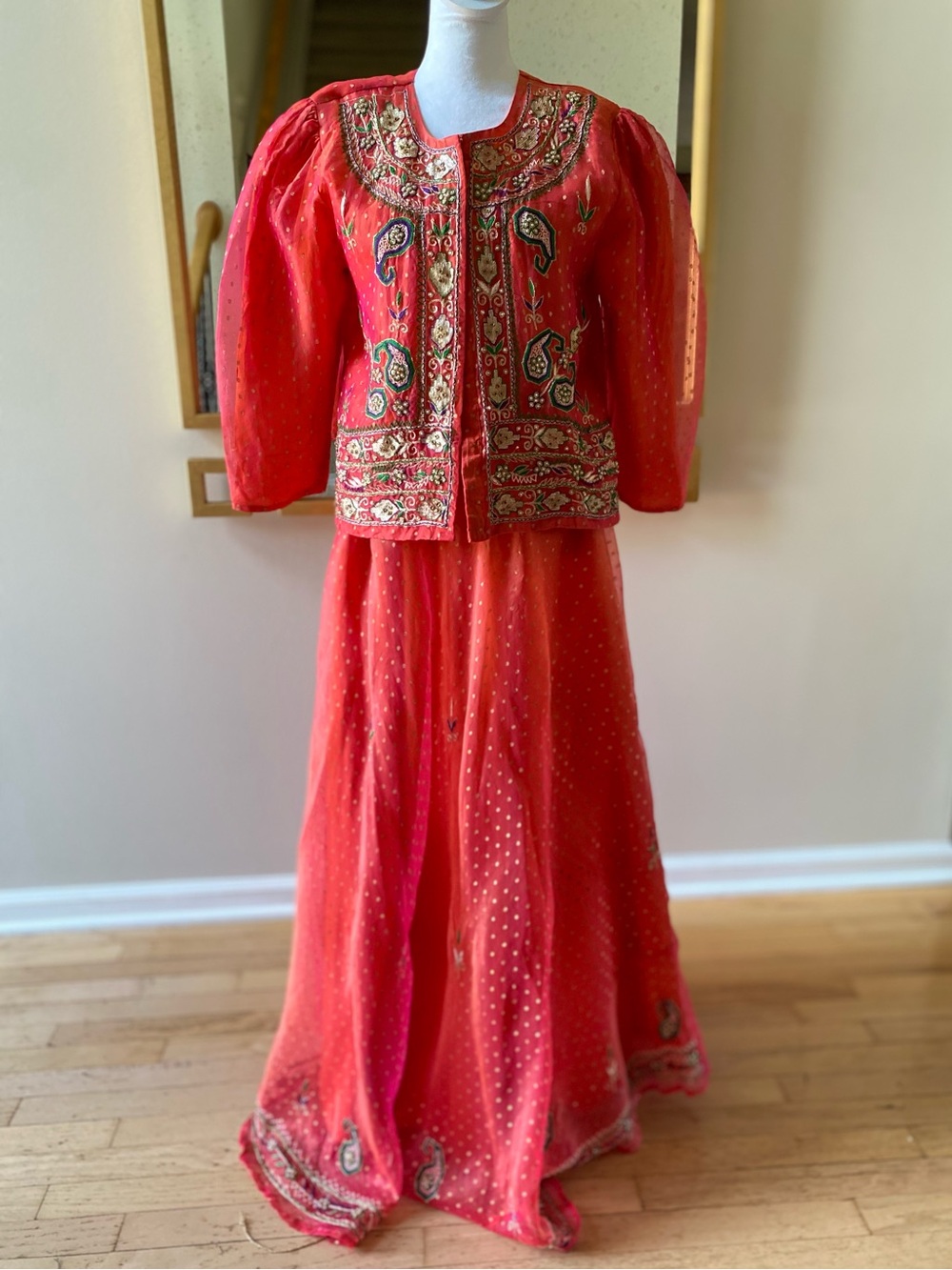 Vintage Style Indian Lahenga Choli coral orange with embroidery Medium/Large